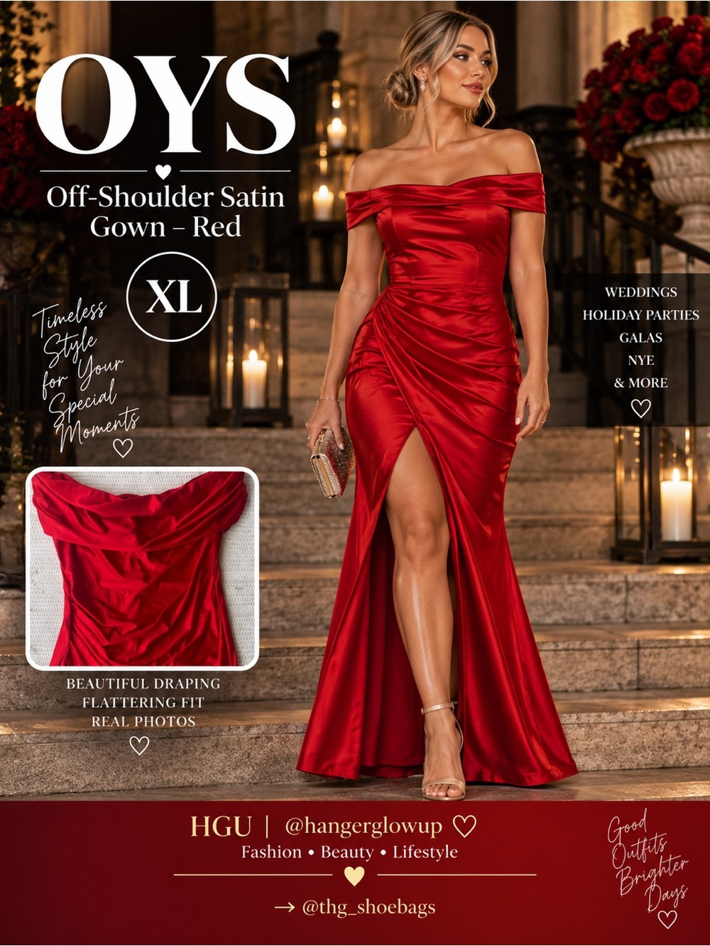 OYS Red Satin Off Shoulder Ruched Formal Gown XL Wedding Guest Prom Dress